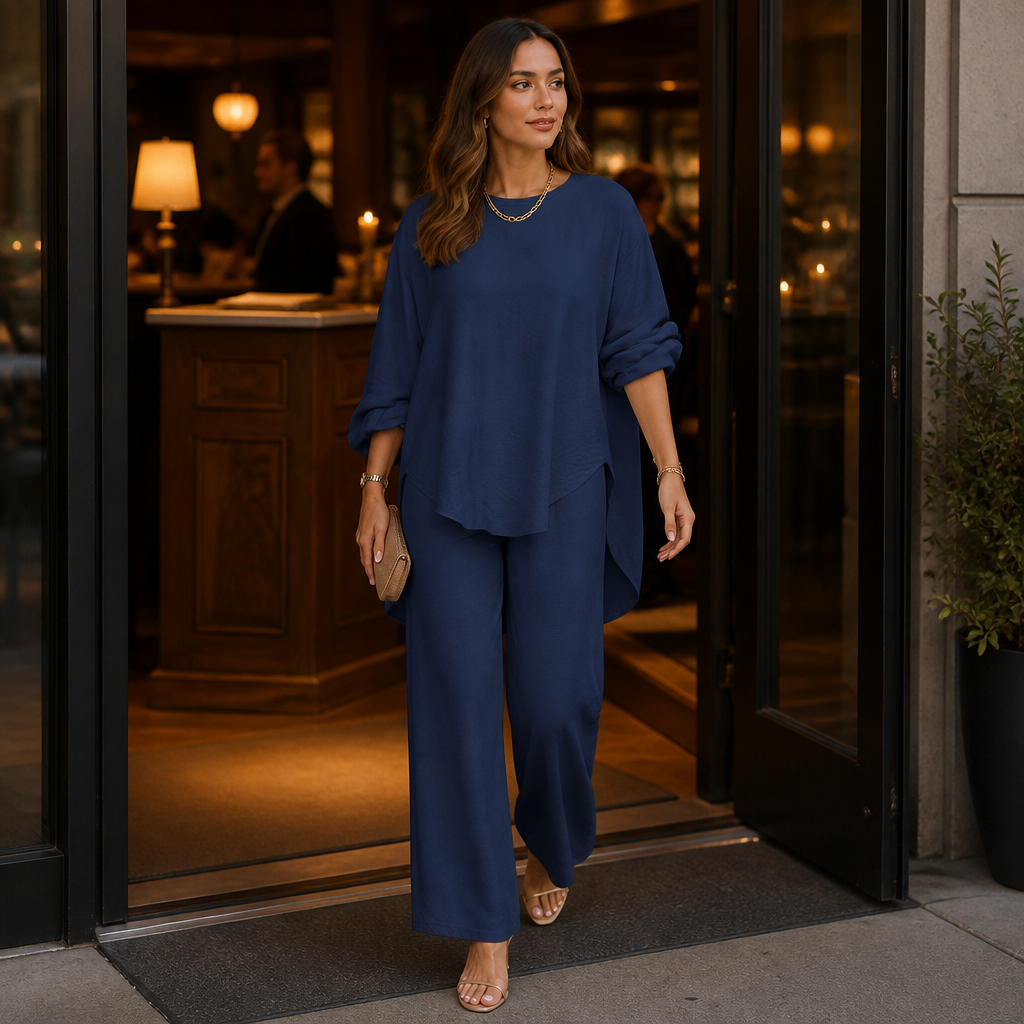 TrueStyle™ – Relaxed Two-Piece Set with Asymmetric Hem & Wide-Leg Pants