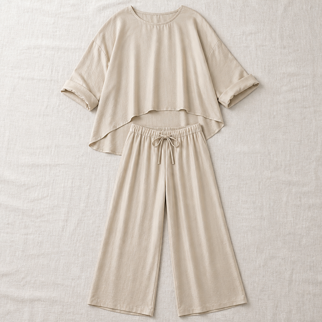 TrueStyle™ – Relaxed Two-Piece Set with Asymmetric Hem & Wide-Leg Pants