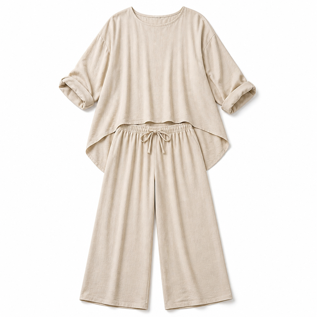 TrueStyle™ – Relaxed Two-Piece Set with Asymmetric Hem & Wide-Leg Pants