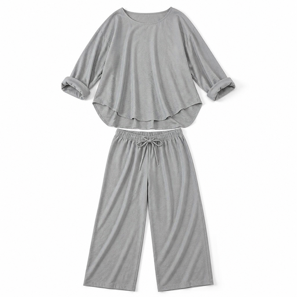 TrueStyle™ – Relaxed Two-Piece Set with Asymmetric Hem & Wide-Leg Pants