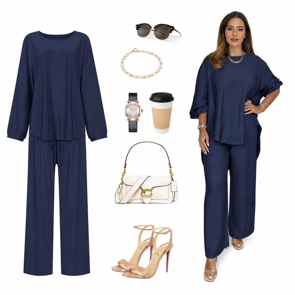 TrueStyle™ – Relaxed Two-Piece Set with Asymmetric Hem & Wide-Leg Pants