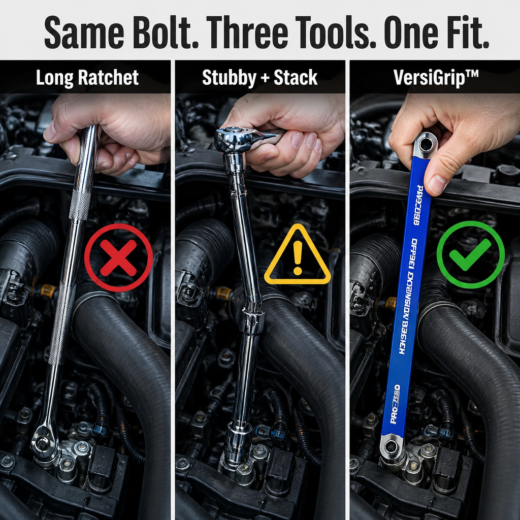 VersiGrip™ — Reach Buried Engine Bolts in Half-Inch Gaps With Zero Swing Arc