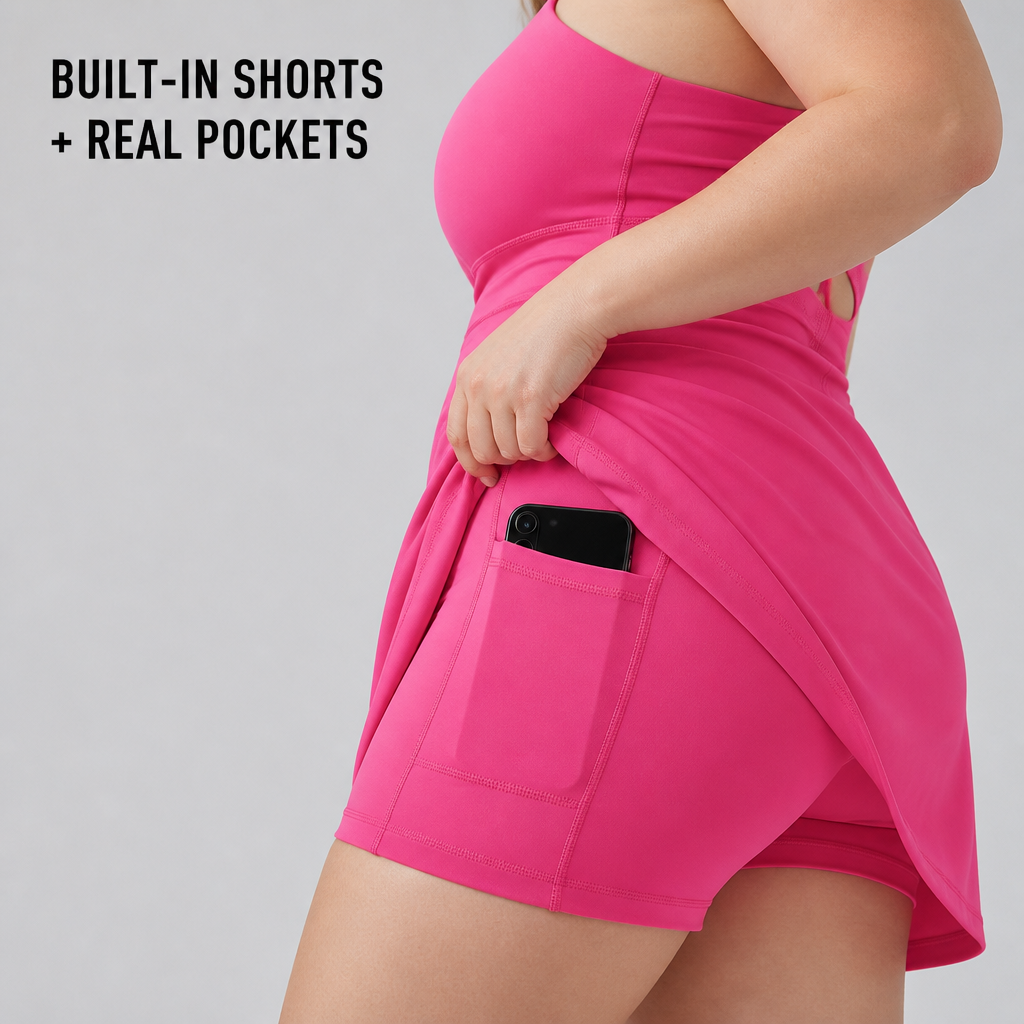 VerveStride™ – Backless Athletic Dress with Built-In Shorts & Side Pockets