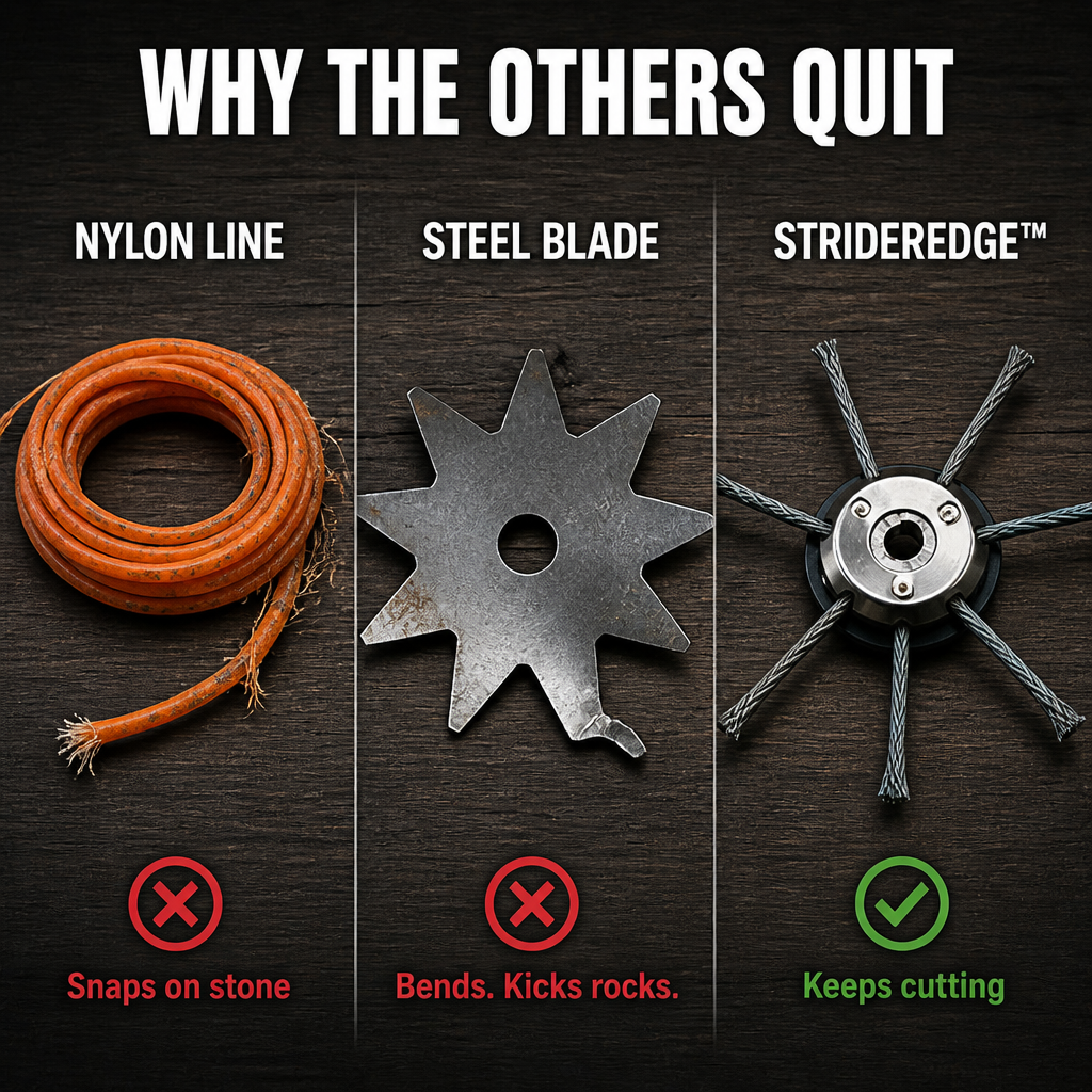 StriderEdge™ — Grind Through Weeds, Moss & Stone Joints Without Snapping Lines