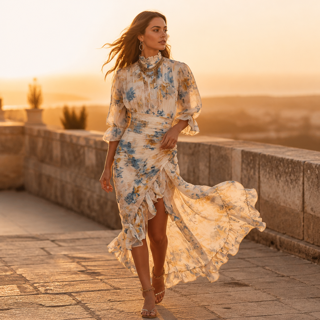 BlossomAura™ – Vintage Floral Maxi Dress with Smocked Waist & Ruffled Hem