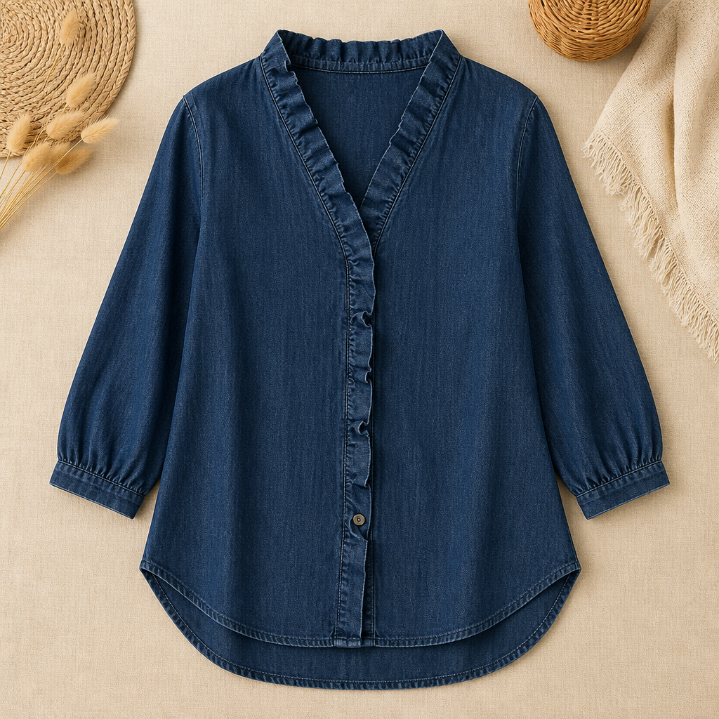 VelaFemme™ – Relaxed Ruffle-Front Denim Blouse with High-Low Hem