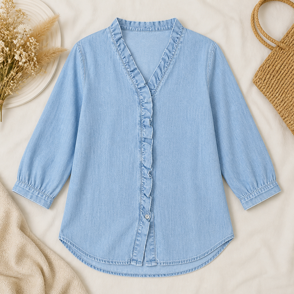 VelaFemme™ – Relaxed Ruffle-Front Denim Blouse with High-Low Hem