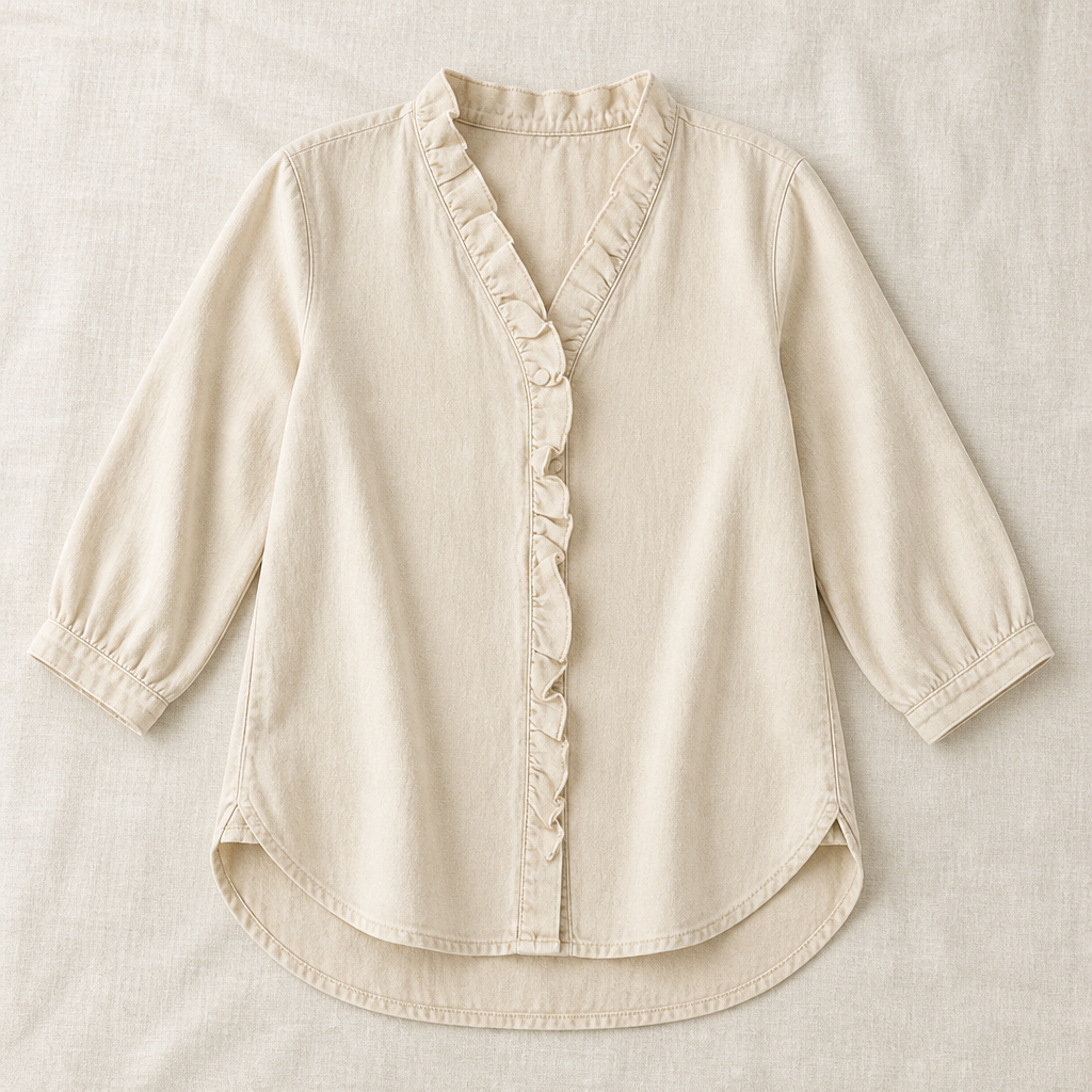 VelaFemme™ – Relaxed Ruffle-Front Denim Blouse with High-Low Hem