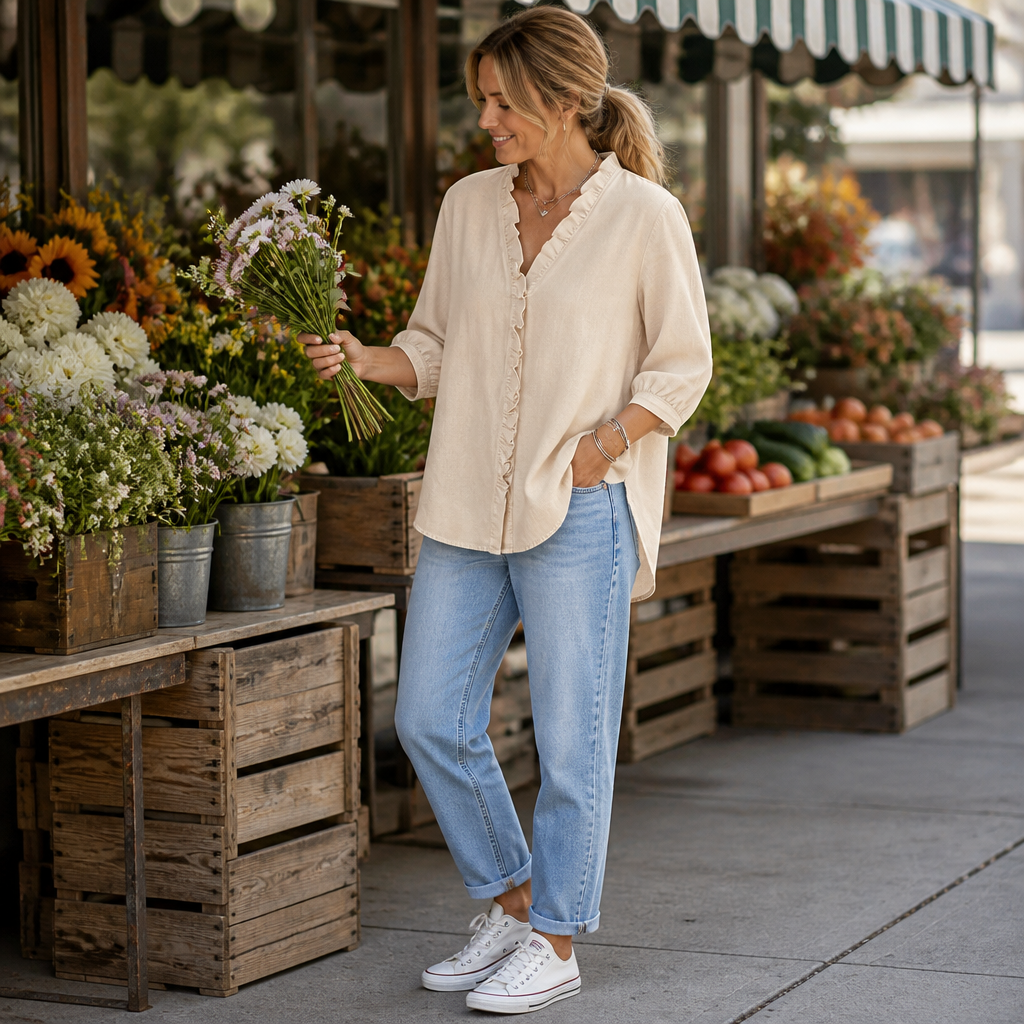 VelaFemme™ – Relaxed Ruffle-Front Denim Blouse with High-Low Hem