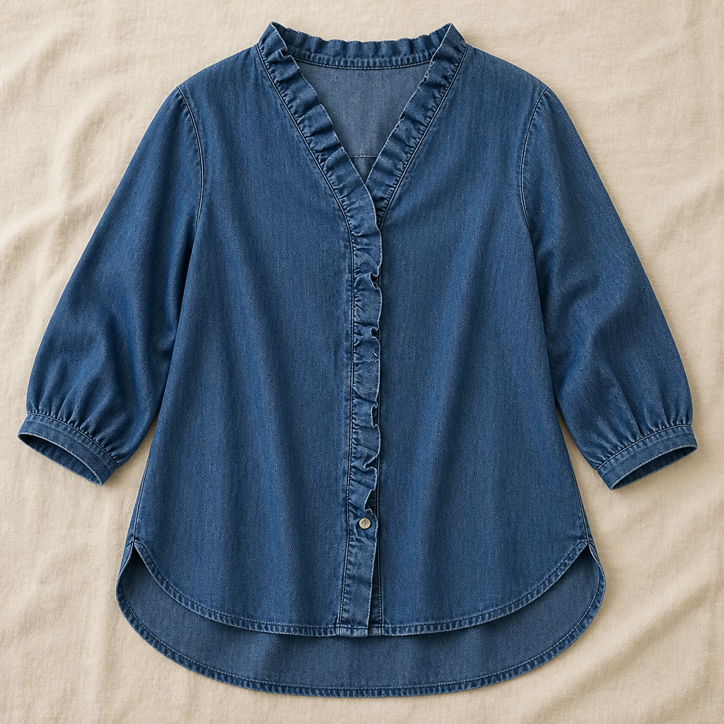 VelaFemme™ – Relaxed Ruffle-Front Denim Blouse with High-Low Hem