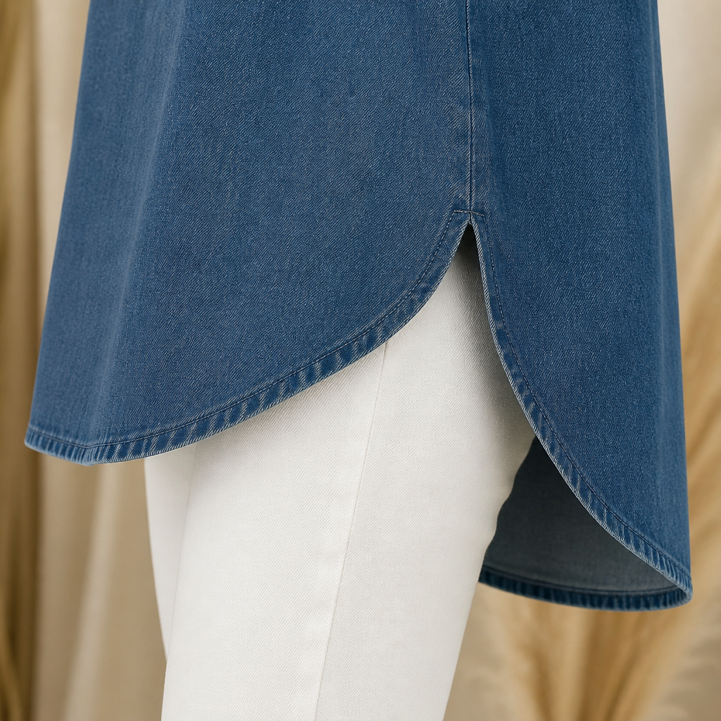 VelaFemme™ – Relaxed Ruffle-Front Denim Blouse with High-Low Hem