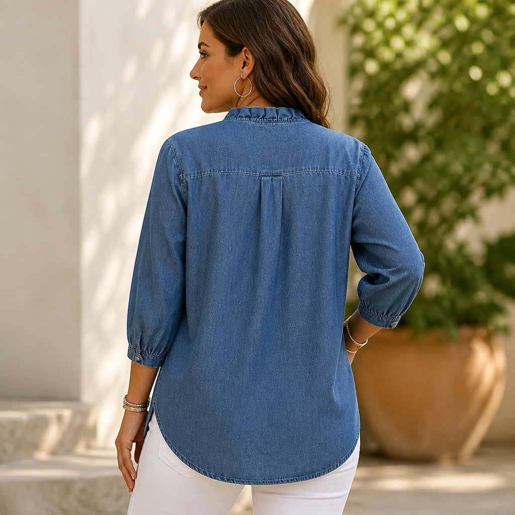 VelaFemme™ – Relaxed Ruffle-Front Denim Blouse with High-Low Hem