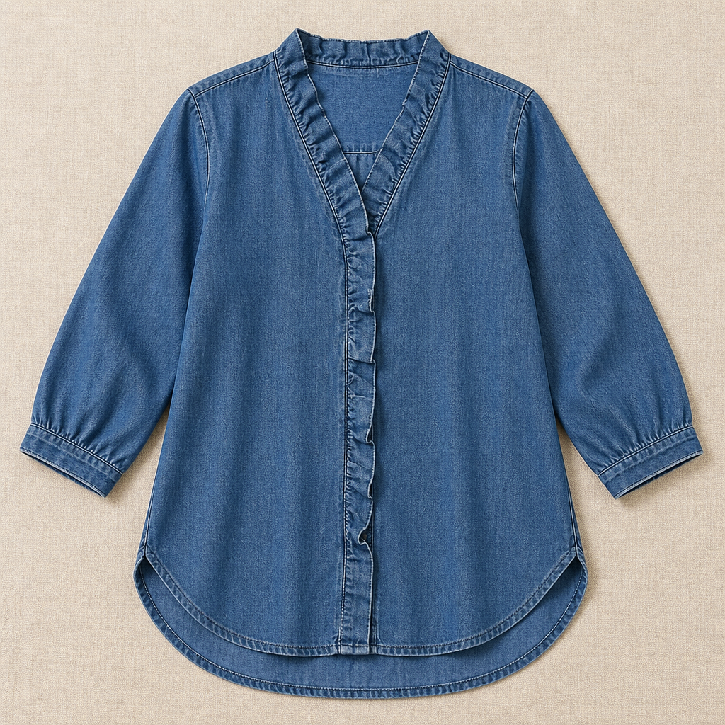 VelaFemme™ – Relaxed Ruffle-Front Denim Blouse with High-Low Hem