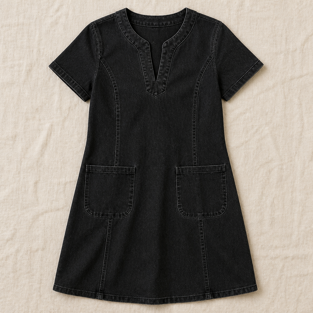 VelouraDenim™ – Relaxed V-Neck Denim Dress with Deep Front Pockets