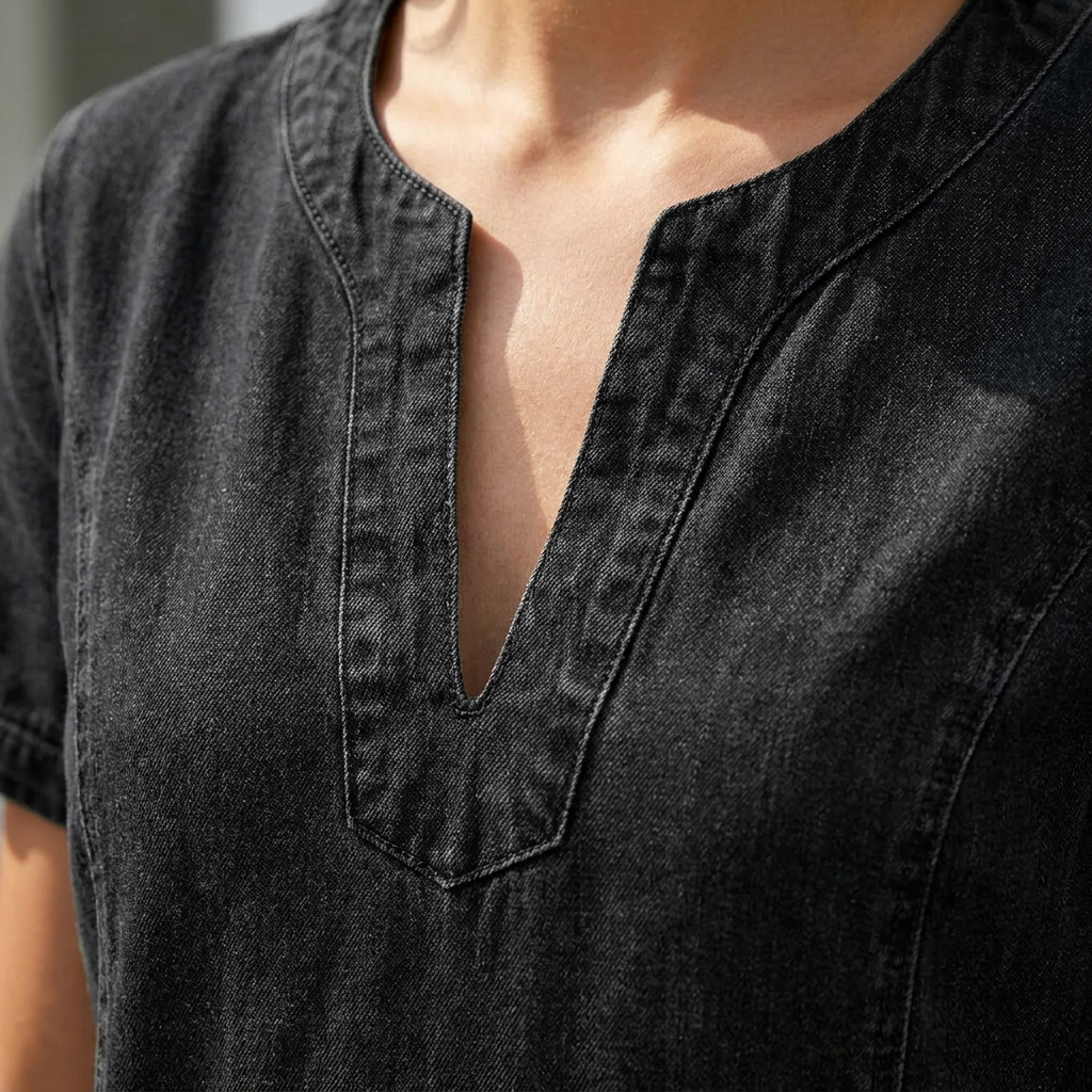 VelouraDenim™ – Relaxed V-Neck Denim Dress with Deep Front Pockets