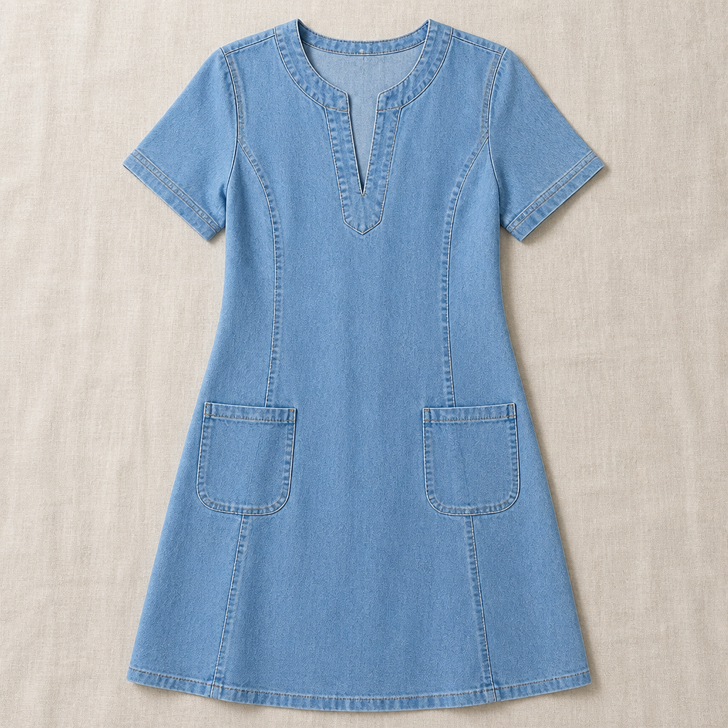 VelouraDenim™ – Relaxed V-Neck Denim Dress with Deep Front Pockets