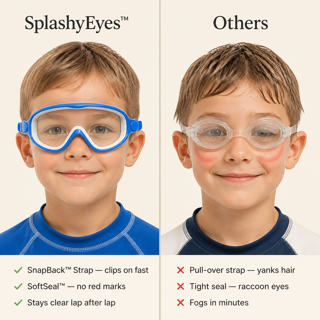 SplashyEyes™ — Skip Hair-Yanks, Fog & Raccoon Eyes With Snap-On Kids Goggles