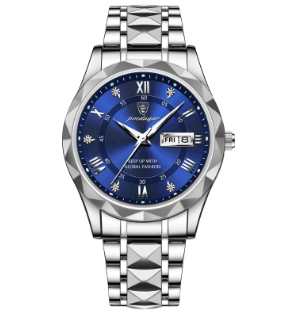 Stylish Steel Timepiece Featuring Blue Face and Roman Digits