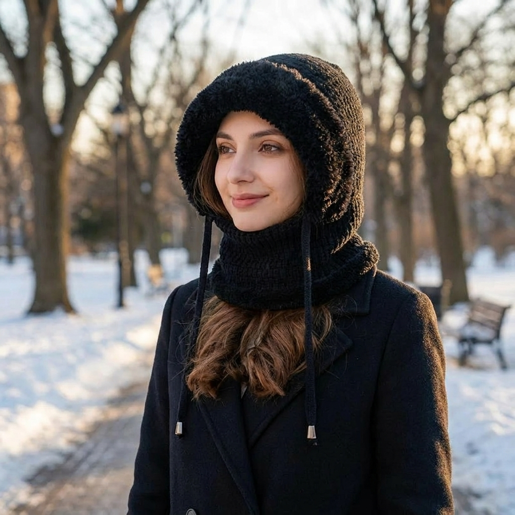 ChillGuard™ – Plush-Lined Hooded Scarf with Drawstring Fit
