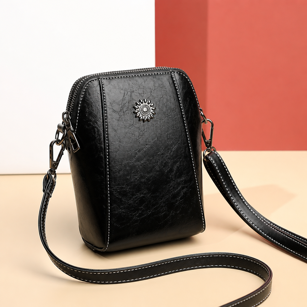 Marcella™ – Vintage Oil-Leather Compact Crossbody with Sunflower Medallion