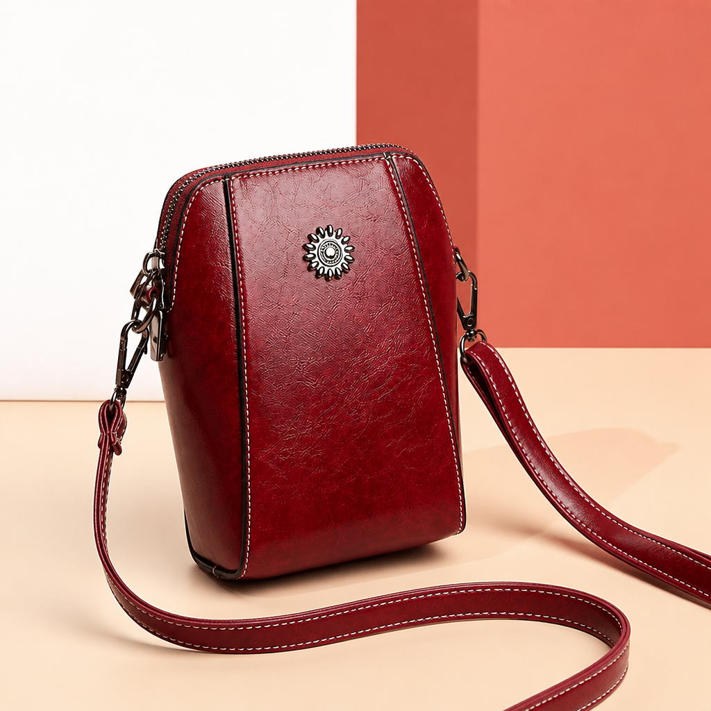 Marcella™ – Vintage Oil-Leather Compact Crossbody with Sunflower Medallion