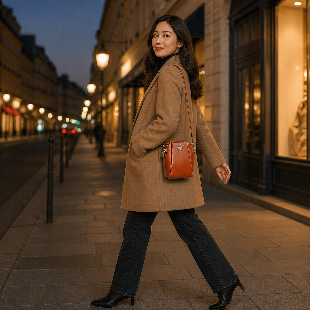 Marcella™ – Vintage Oil-Leather Compact Crossbody with Sunflower Medallion
