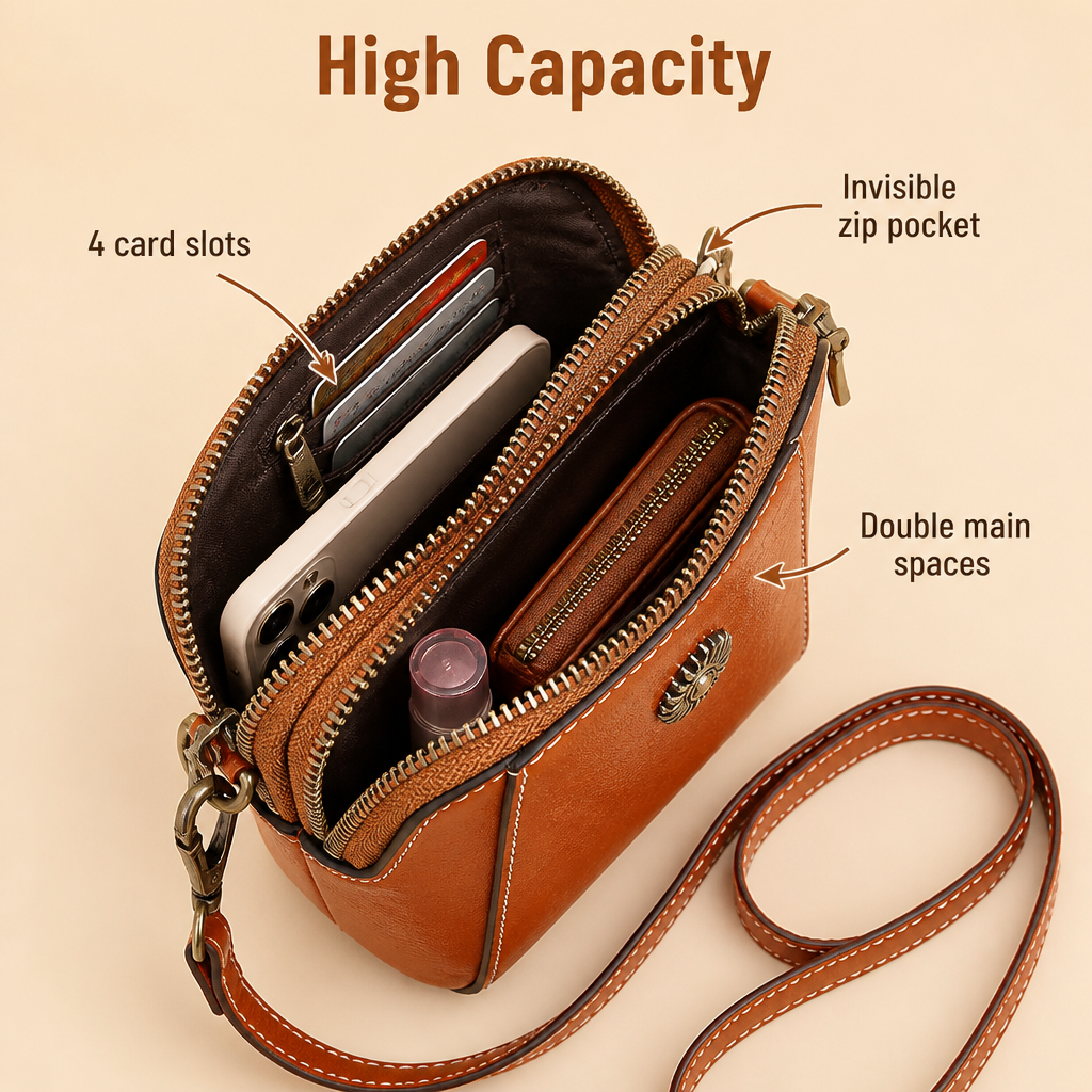 Marcella™ – Vintage Oil-Leather Compact Crossbody with Sunflower Medallion