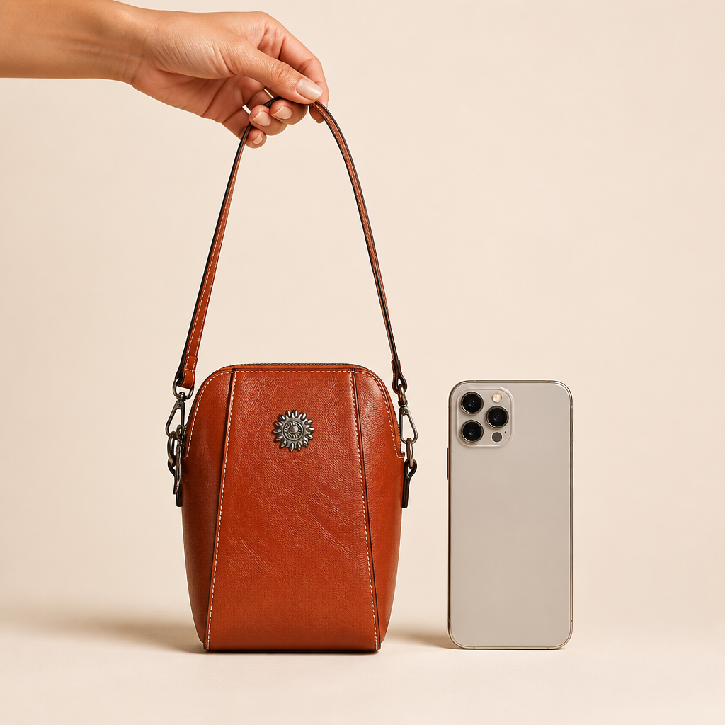Marcella™ – Vintage Oil-Leather Compact Crossbody with Sunflower Medallion