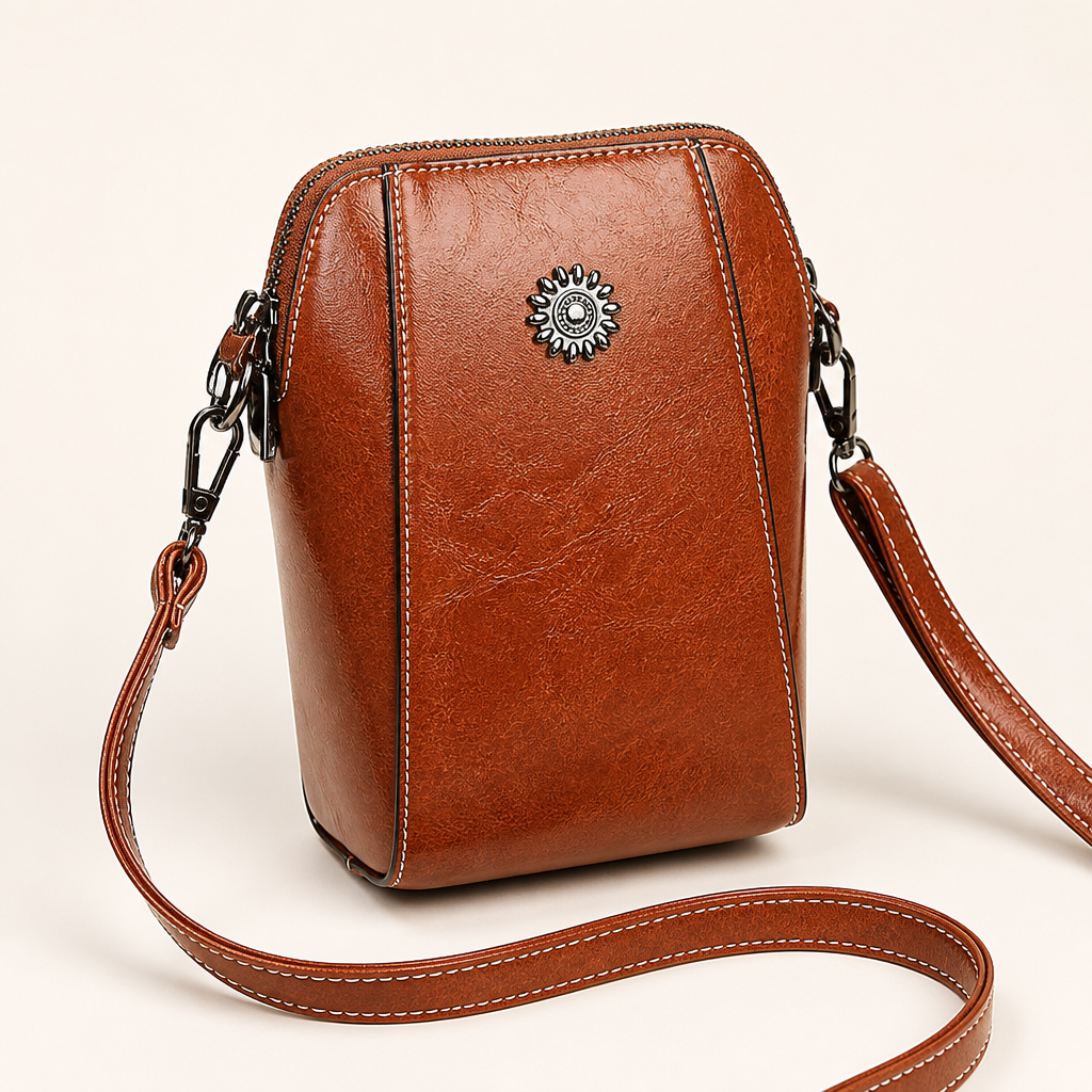 Marcella™ – Vintage Oil-Leather Compact Crossbody with Sunflower Medallion