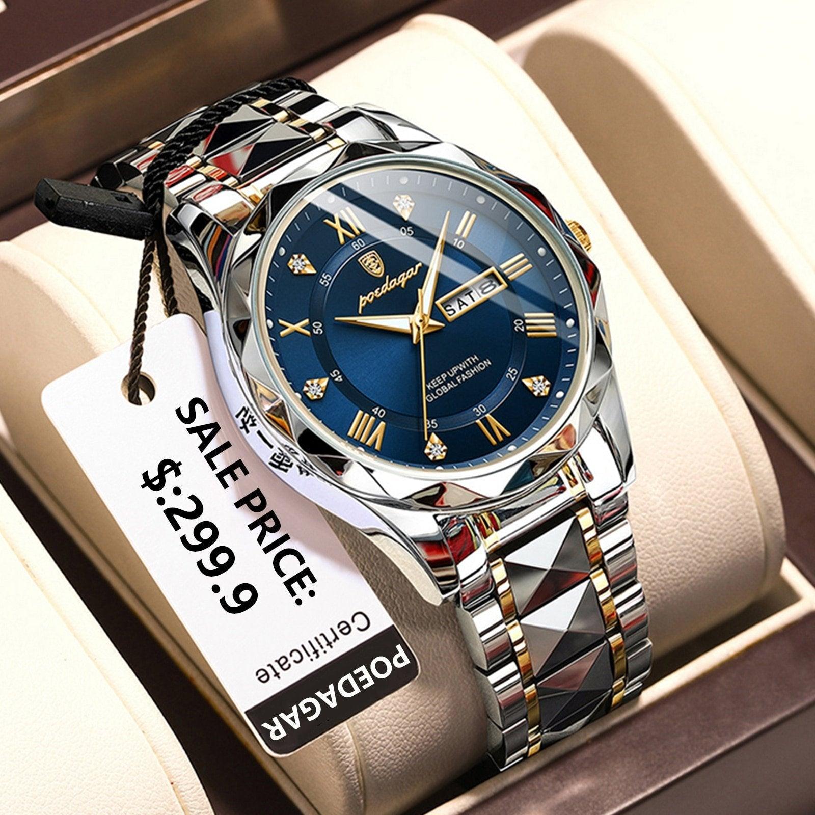 Stylish Steel Timepiece Featuring Blue Face and Roman Digits