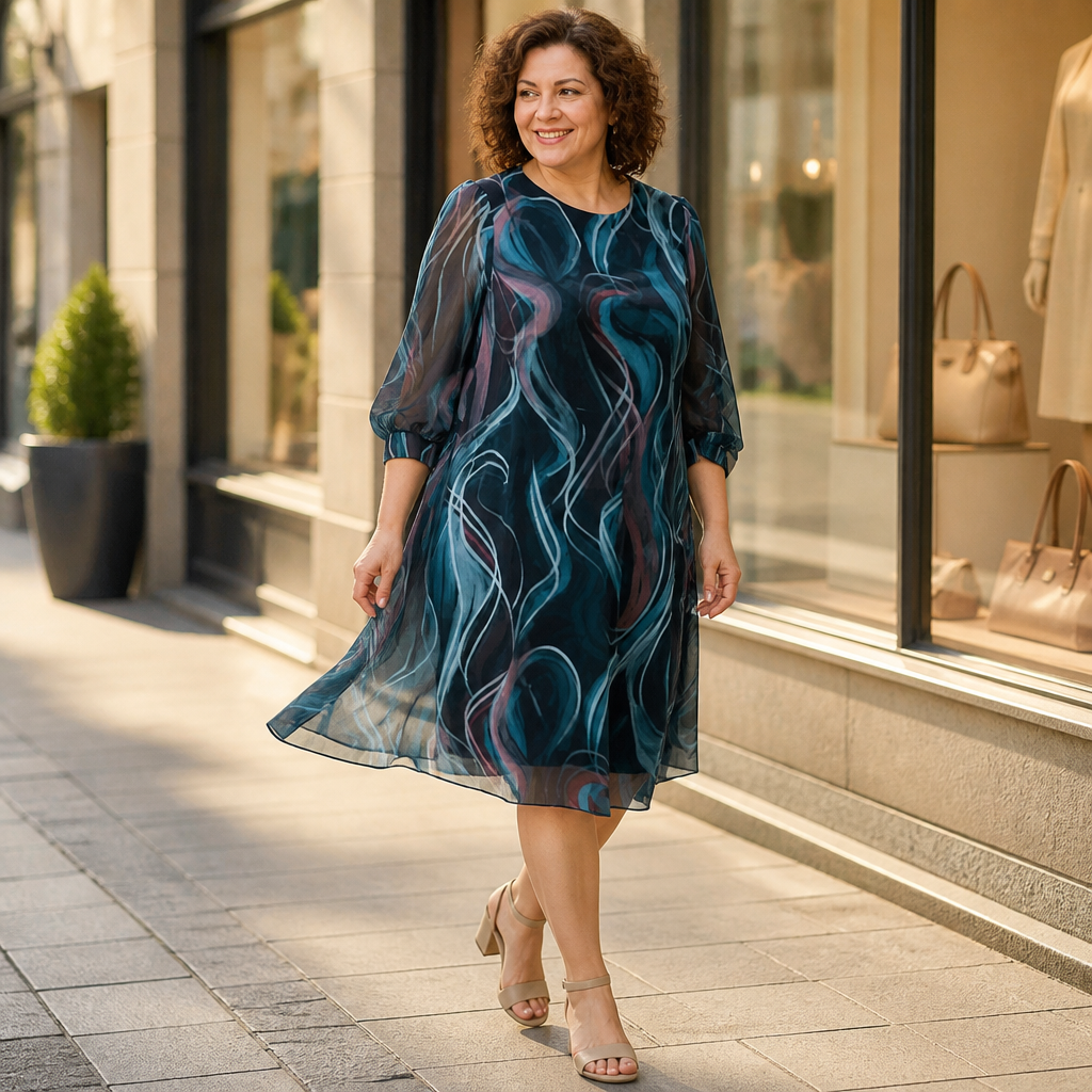 BreeziLuxe™ – Flowy Abstract Print Dress with Lantern Sleeves