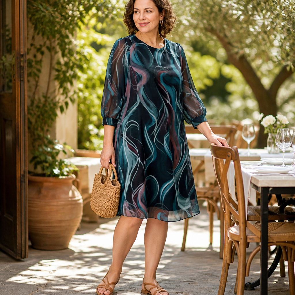 BreeziLuxe™ – Flowy Abstract Print Dress with Lantern Sleeves