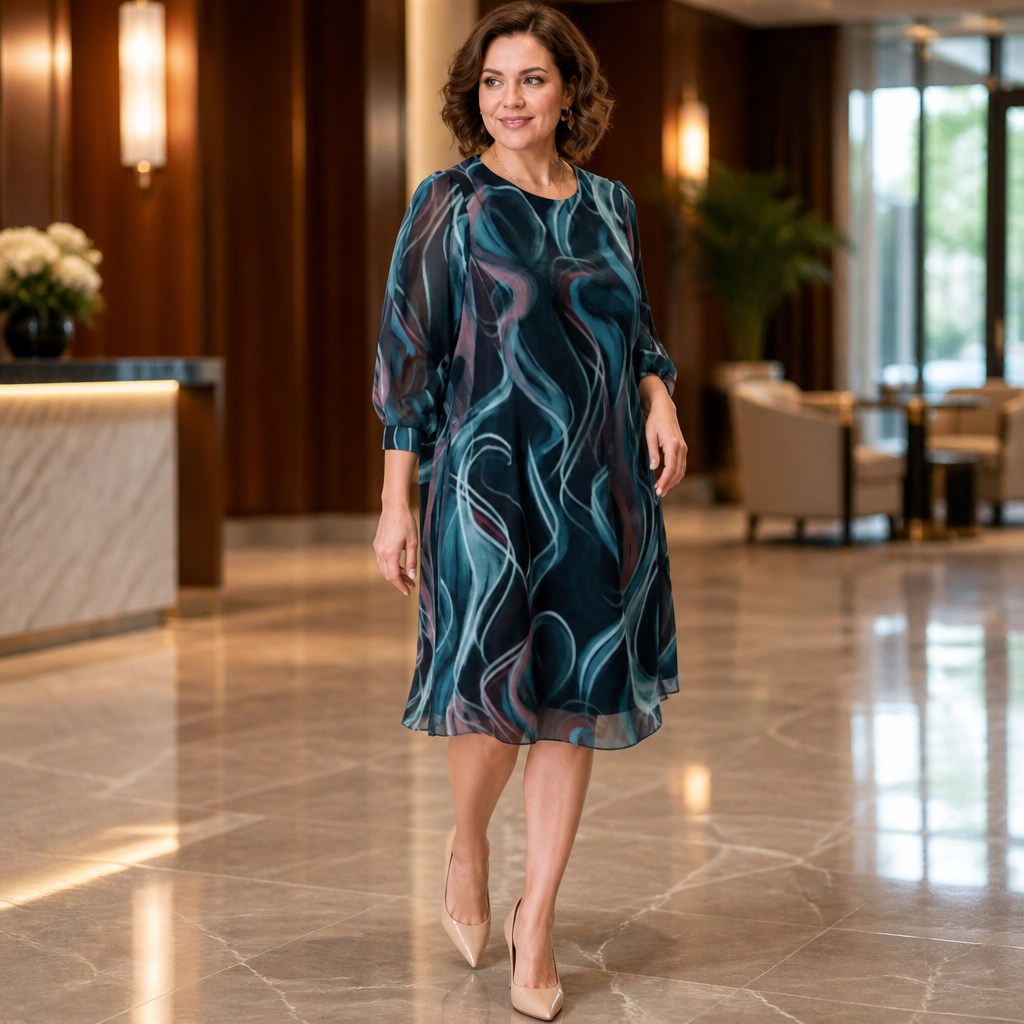 BreeziLuxe™ – Flowy Abstract Print Dress with Lantern Sleeves