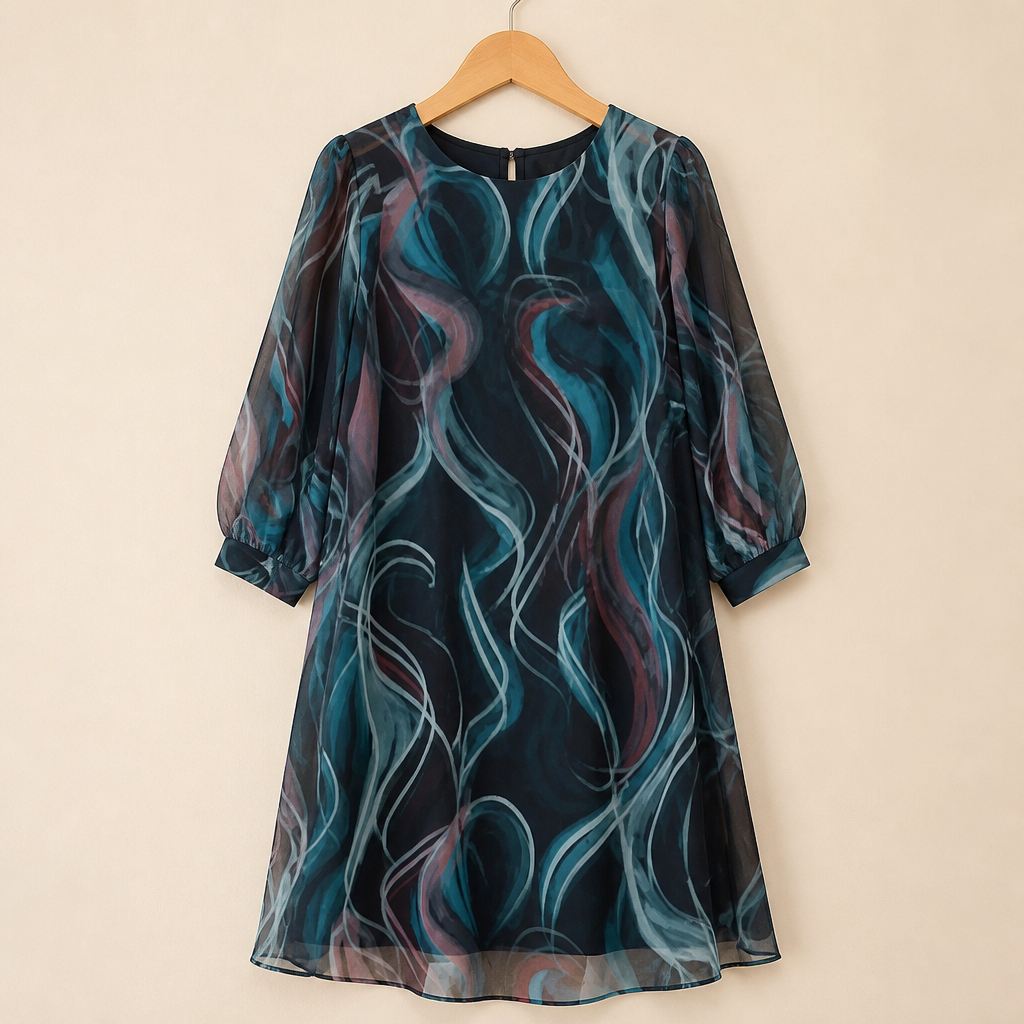 BreeziLuxe™ – Flowy Abstract Print Dress with Lantern Sleeves
