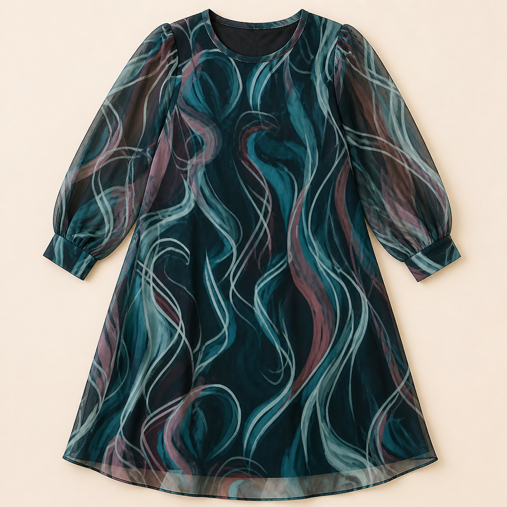 BreeziLuxe™ – Flowy Abstract Print Dress with Lantern Sleeves