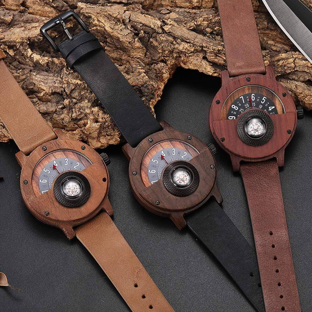 Wooden Watch for Men with Unique Turntable Compass Dial