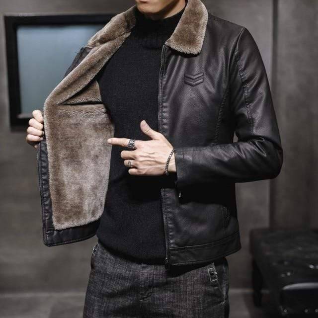 Winter Jacket for Men in Faux Leather with Thick Fur Insulation