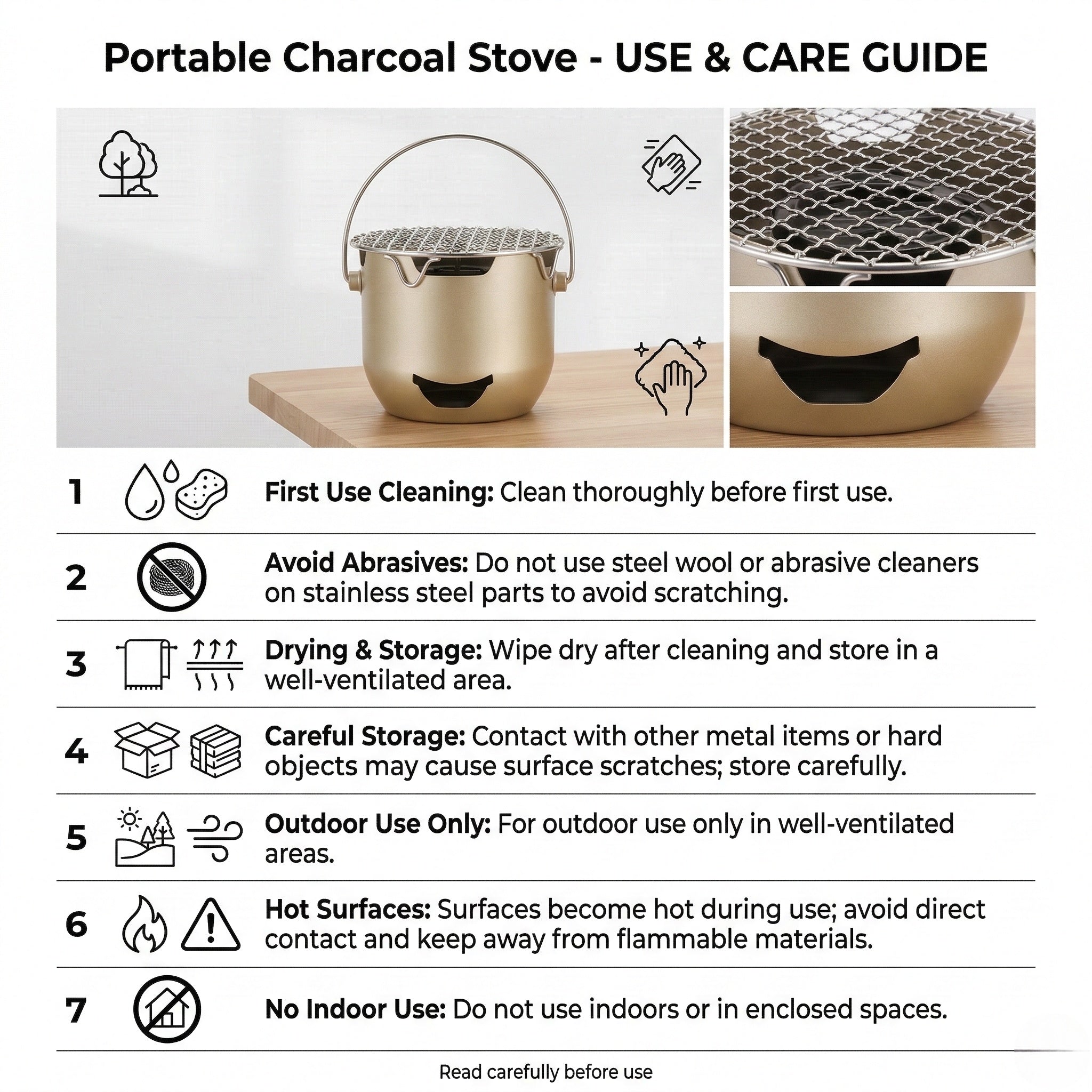 Portable Mini Charcoal Grill in Cast Iron for Outdoor Camping