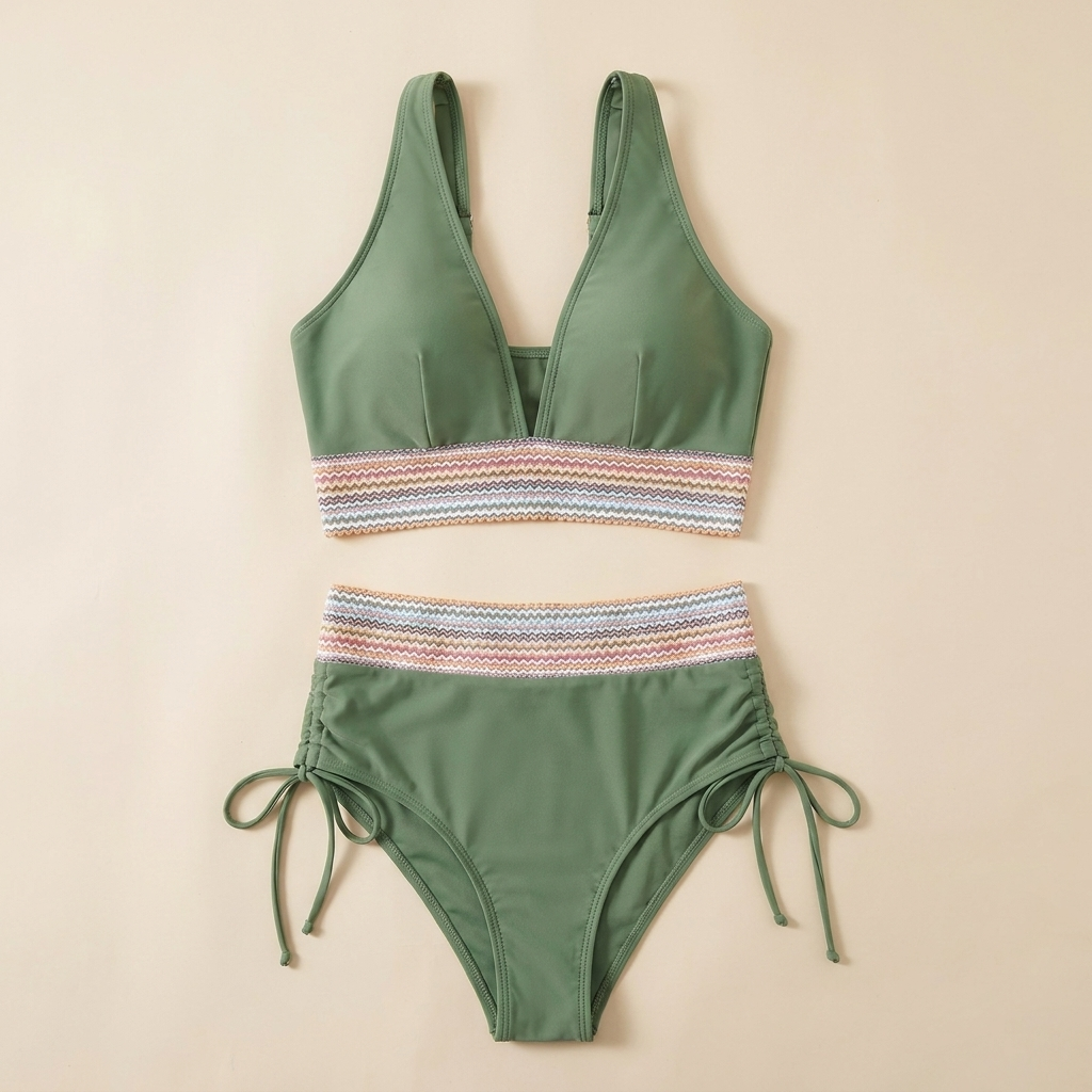 Solara™ – High-Waist Tummy-Control Halter Bikini with Sculpting Zigzag Waist