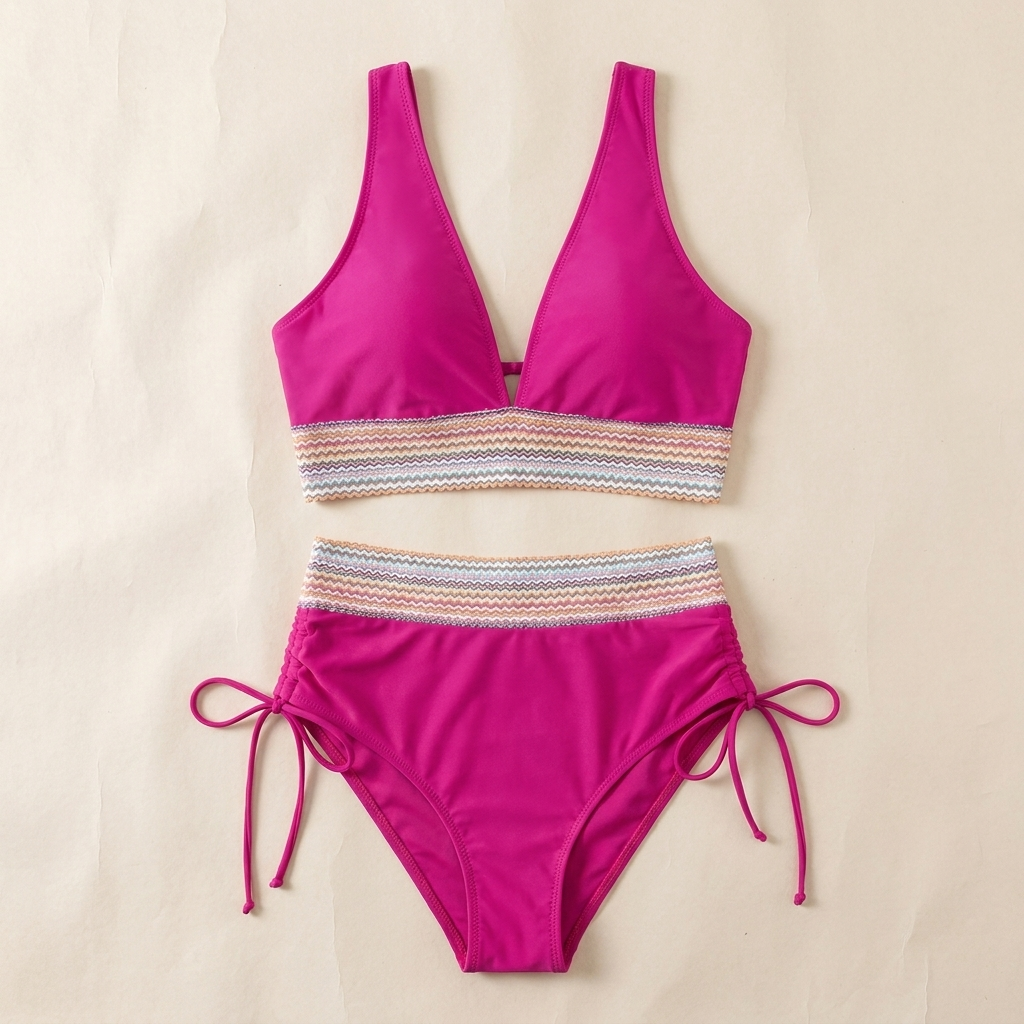Solara™ – High-Waist Tummy-Control Halter Bikini with Sculpting Zigzag Waist