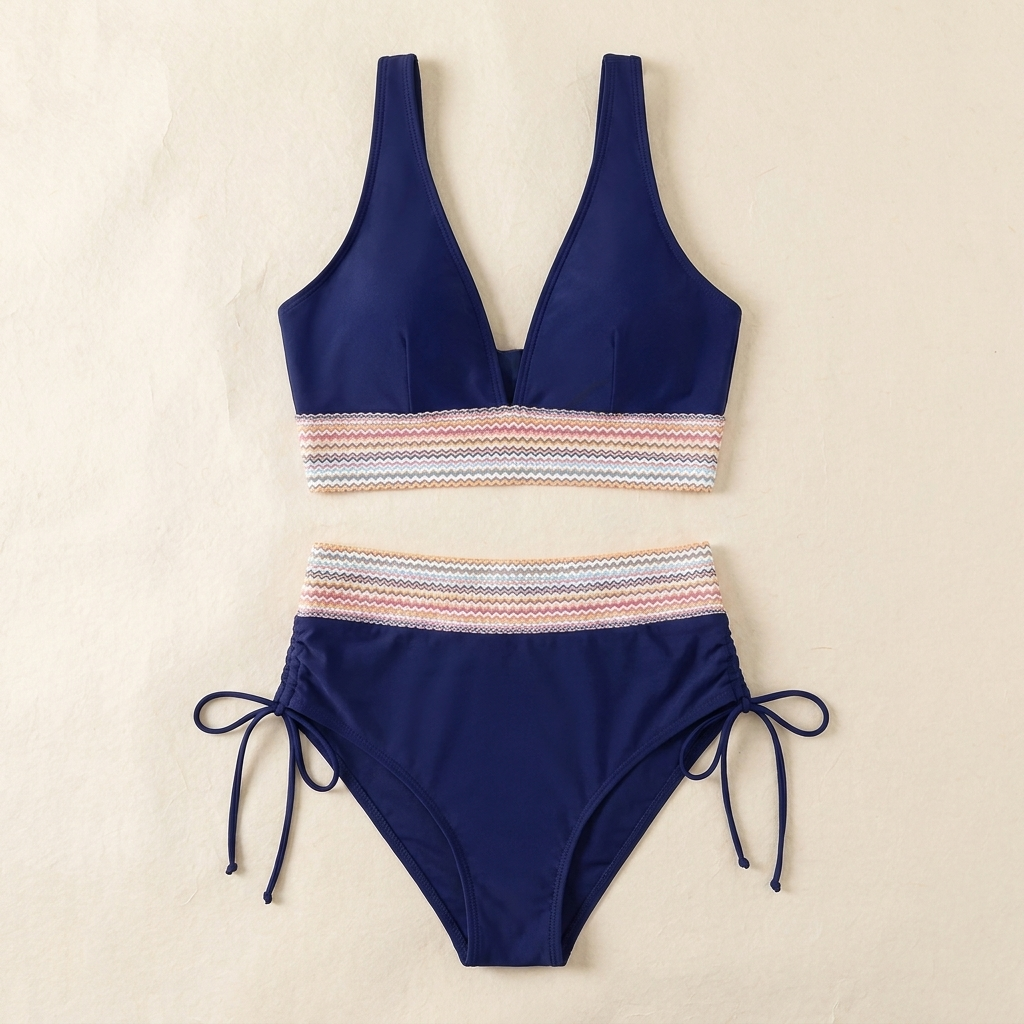 Solara™ – High-Waist Tummy-Control Halter Bikini with Sculpting Zigzag Waist