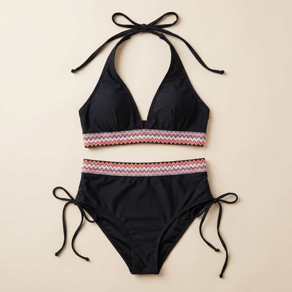Solara™ – High-Waist Tummy-Control Halter Bikini with Sculpting Zigzag Waist