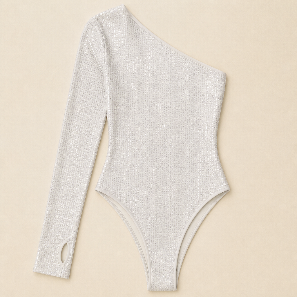 Stellara™ – Shimmering One-Shoulder Bodycon Bodysuit with Thumbhole Cuff