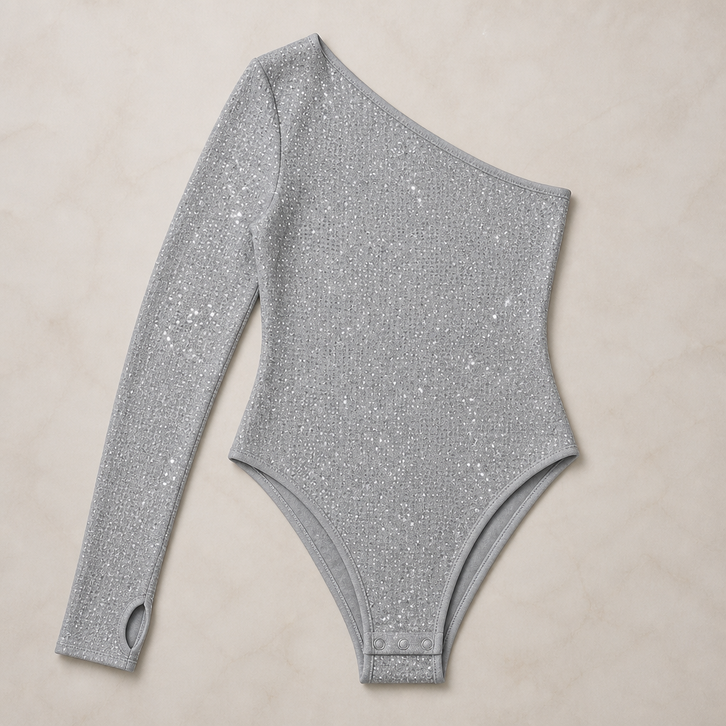 Stellara™ – Shimmering One-Shoulder Bodycon Bodysuit with Thumbhole Cuff