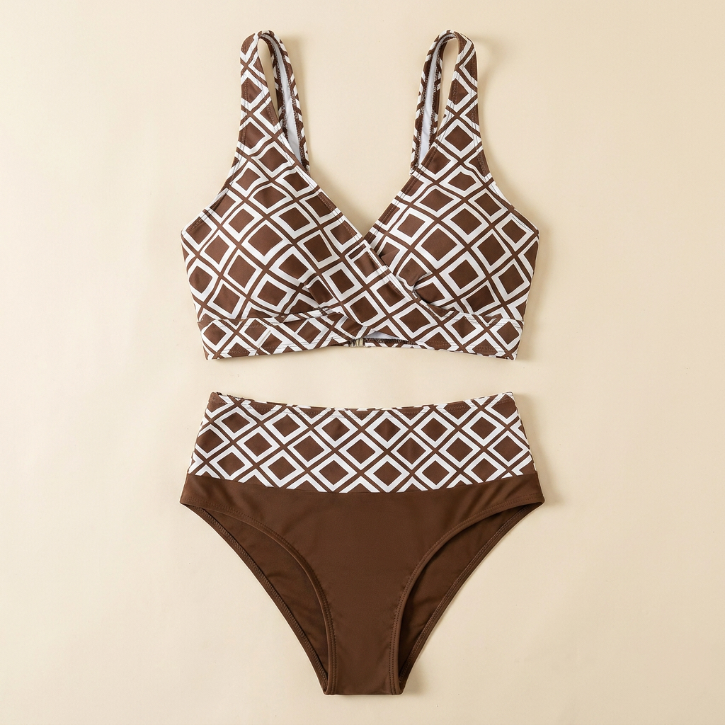 Marisol™ – High-Waisted Geometric Bikini Set with Wrap Crossover Top