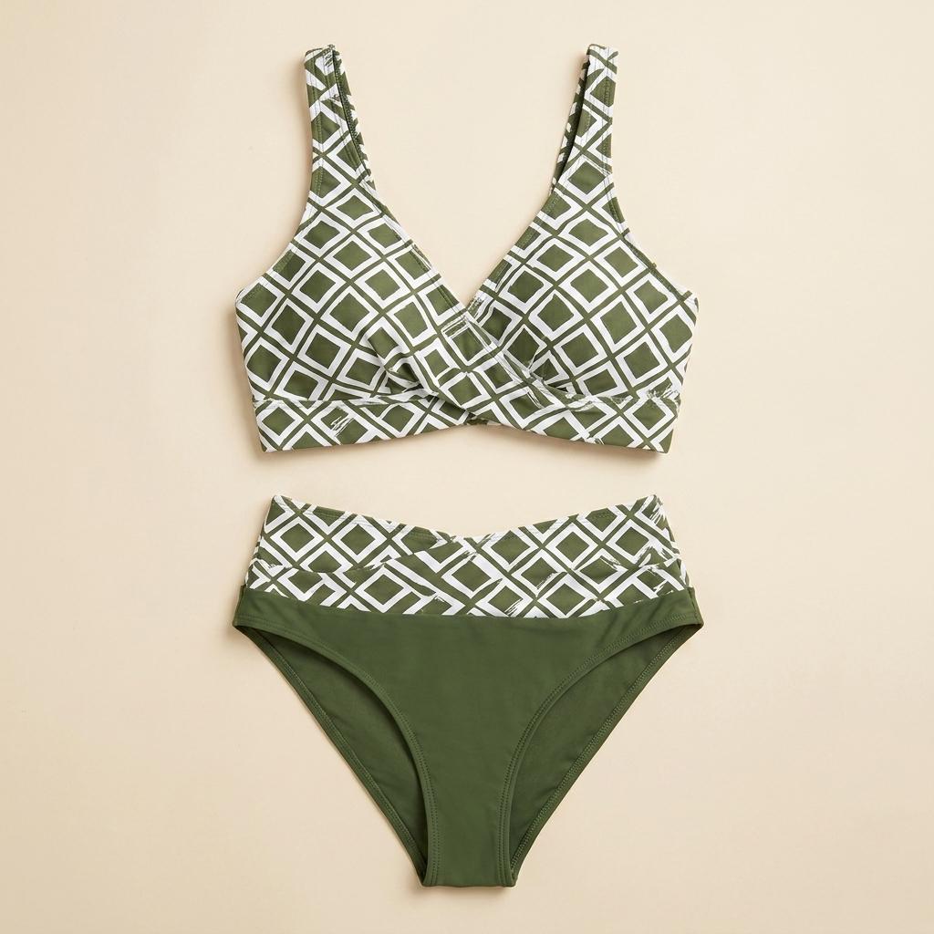 Marisol™ – High-Waisted Geometric Bikini Set with Wrap Crossover Top
