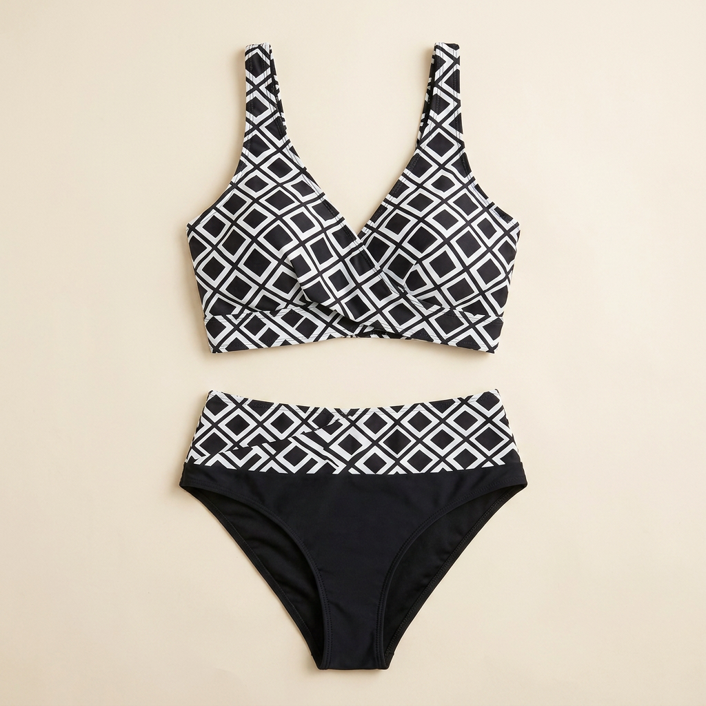 Marisol™ – High-Waisted Geometric Bikini Set with Wrap Crossover Top