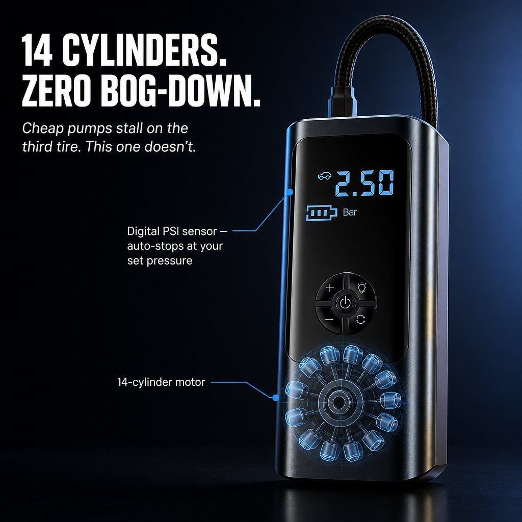 TurboPump™ — Top Up All Four Tires in Under 5 Minutes Anywhere