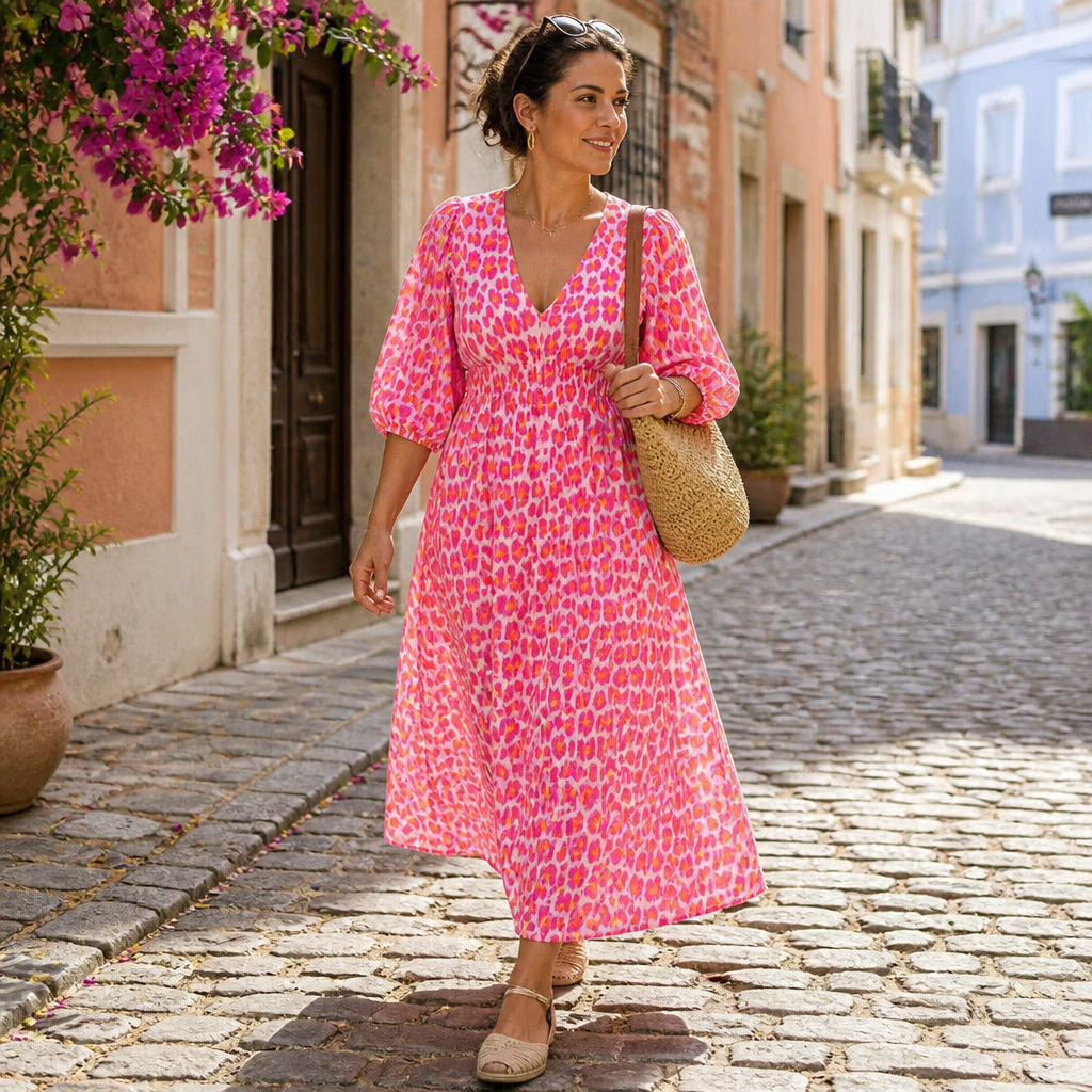 VeraLuxe™ – Flowy V-Neck Animal Print Midi Dress with Puff Sleeves
