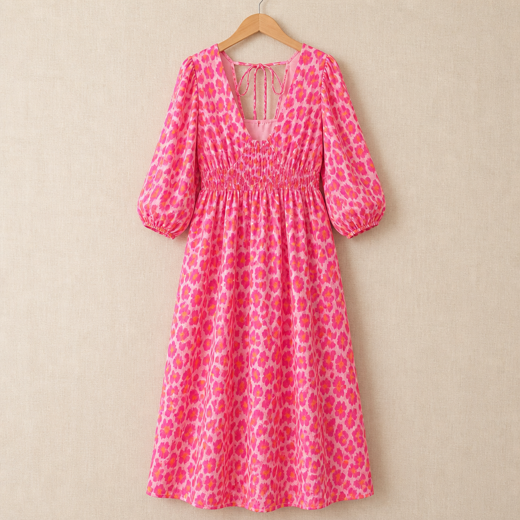 VeraLuxe™ – Flowy V-Neck Animal Print Midi Dress with Puff Sleeves